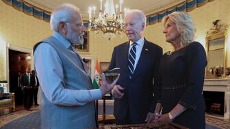 Indian Prime Minister Narendra Modi presented First Lady Jill Biden with a lab-grown diamond during his White House visit with President Joe Biden last month. (Image courtesy of India’s Ministry of Information and Broadcasting) Indian Prime Minister Narendra Modi with U.S. President Joe Biden and First Lady Jill Biden