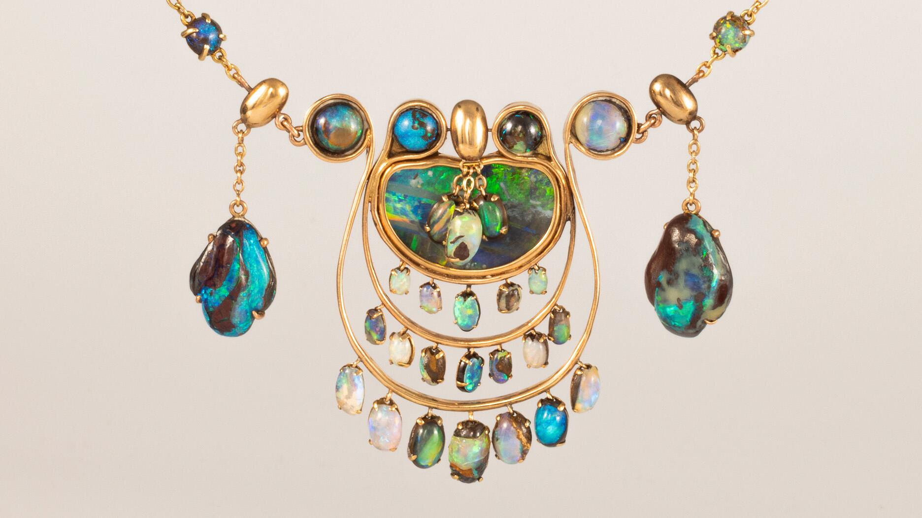 A gold and opal necklace, circa 1900, by Louis Comfort Tiffany is one of more than 200 jewels featured in the Driehaus Museum’s new jewelry exhibition. (Photo by Michael Tropea) Louis Comfort Tiffany 1900 gold and opal necklace