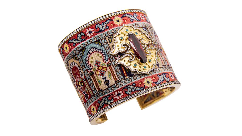 The “Silk Road” bracelet from Silvia Furmanovich is 18-karat gold, diamond, Paraíba tourmaline, and garnet Silvia Furmanovich Silk Road bracelet