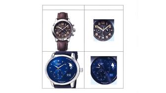 This image from court documents supplied by Swatch Group shows, at right, two examples of “watch faces” that once were available in Samsung’s Galaxy App Store alongside watches from Swatch Group-owned brands Breguet (top left) and Glashütte Original (bottom left). Swatch Group watches next to allegedly infringing downloadable watch faces from Samsung
