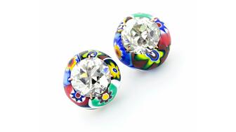 A pair of Venetian glass bead and 18-karat rose gold ear clips from Taffin featuring Old European-cut diamonds. Taffin Creative Director James de Givenchy has been incorporating color and unusual materials into his creations for decades and he serves as a role model for many jewelry designers working today. Tiffany Venetian glass bead ear clips