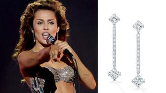 For her live performance of “Flowers” on Sunday at the 66th annual Grammy Awards, Miley Cyrus wore a pair of De Beers drop diamond earrings featuring more than 16 carats of diamonds set in white gold. (Photo courtesy of De Beers) Miley Cyrus Grammys 2024