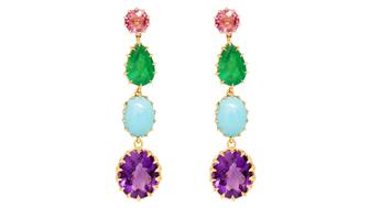 Jenna Blake 18-karat gold drop earrings with emerald, pink sapphire, turquoise, and amethyst