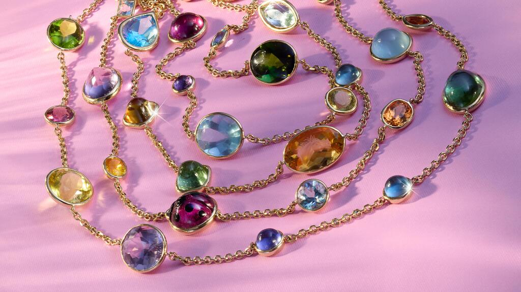 Gumuchian’s “Spectrum” colored stone necklace features 198 carats of amethysts, aquamarines, tourmalines, sapphires, citrines, garnets, tanzanites, and heliodors, along with a pink tourmaline inlaid with onyx to resemble a ladybug, a cabochon amethyst with an owl intaglio (not visible), and a faceted citrine with a horse head intaglio ($120,000). Gumuchian Spectrum Colored Stone Necklace