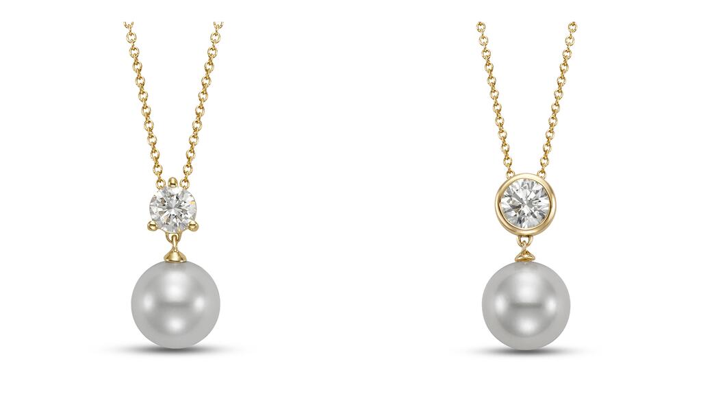 The Cultured Couple pendant featuring the 0.50-carat diamond with prong setting ($1,300, left) and the 0.75-carat diamond with bezel setting ($1,960, right). Cultured Couple pendants