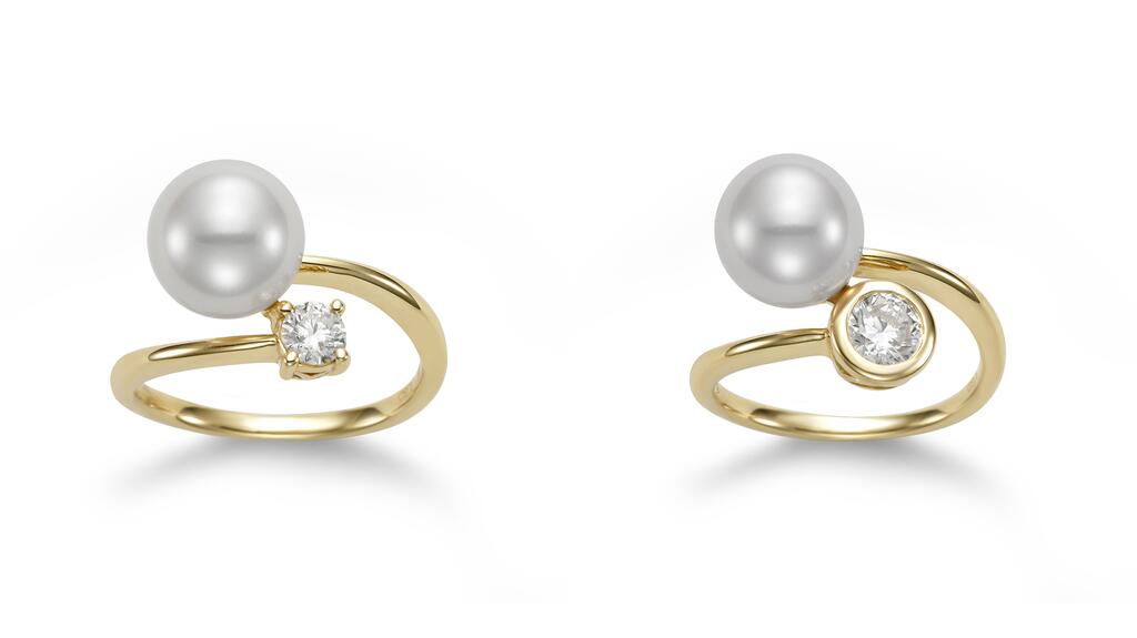 The “Cultured Couple” rings featuring the 0.25-carat diamond with prong setting ($1,065, left) and the 0.50-carat diamond with bezel setting ($1,505, right). Cultured Couple rings