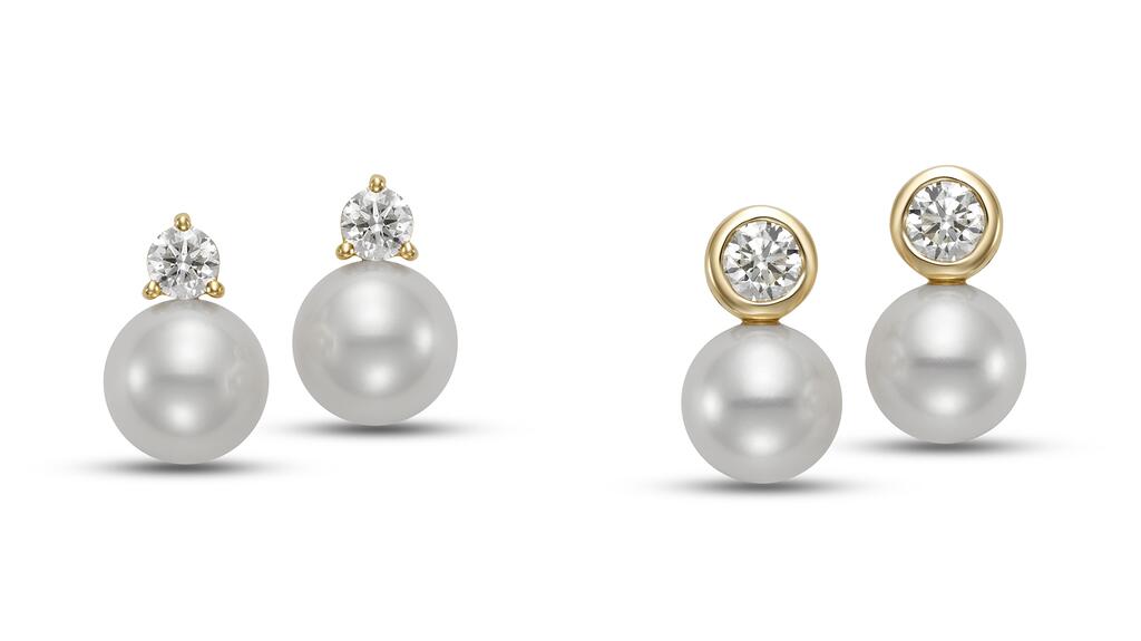 The Cultured Couple stud earrings with the 0.50-carat prong-set diamond ($1,320, left) and in the 1-carat diamond with bezel setting ($2,210, right). Cultured Couple studs
