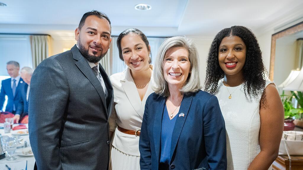 Members of JA’s “20 Under 40” joined the fly-in for the second year in a row. Pictured are Isreal Morales, Constance Polamalu and Trish Carruth with Sen. Joni Ernst of Iowa. Isreal Morales, Constance Polamalu, Trish Carruth, US Iowa Senator Joni Ernst