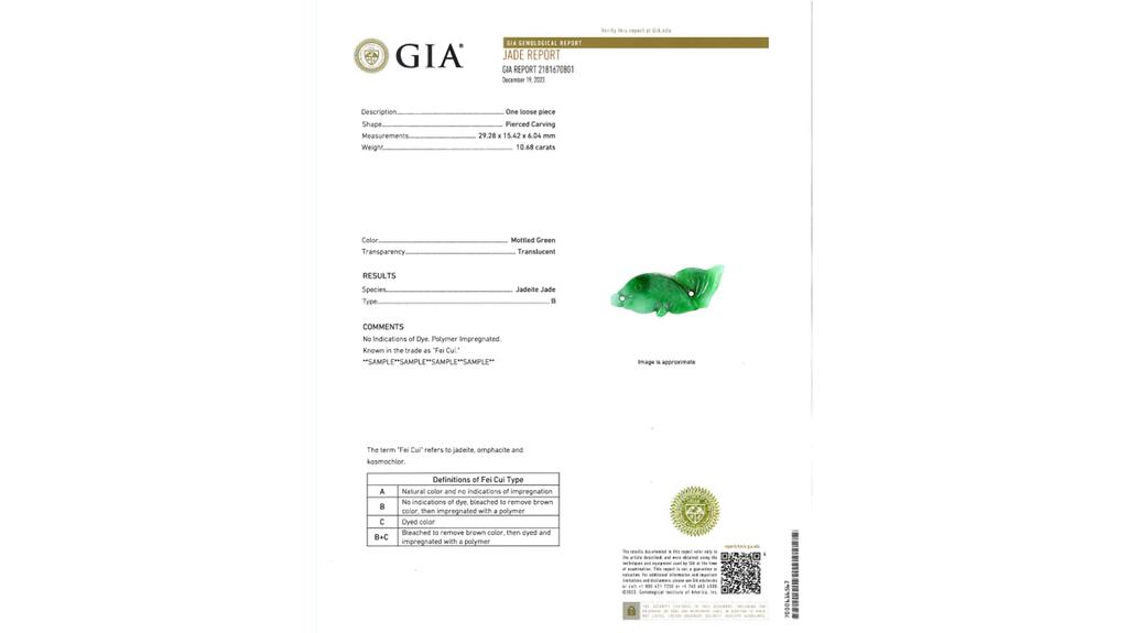 The new GIA jade report lists jade type, as well as jade type definitions, and if applicable, a “Fei Cui” distinction, as seen in the sample report above. GIA jade report