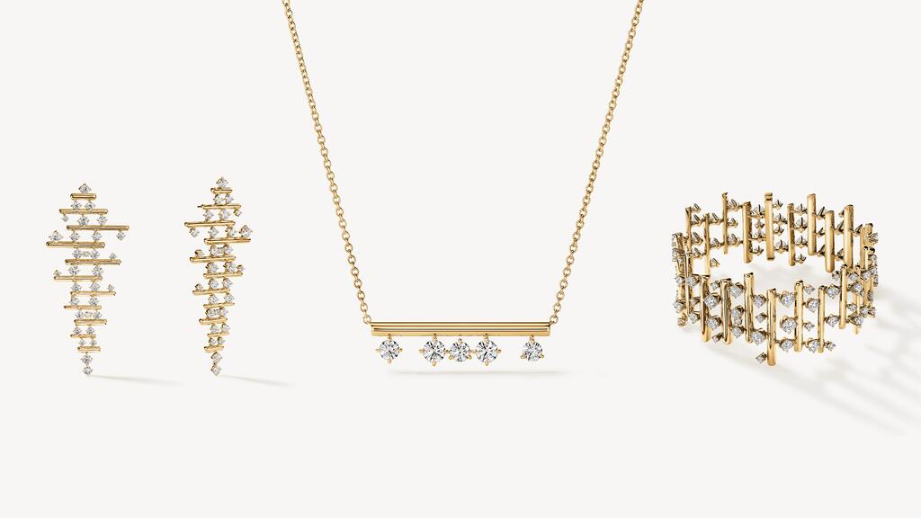 Earrings, a necklace, and a bracelet from the “Barre” collection Barre bracelet, necklace, earrings