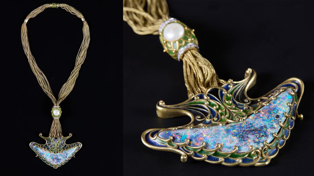 A Marcus & Co. necklace with gold, enamel, black opal, and pearl from a private collection (Photo by Alex Brescanu, courtesy of the Driehaus Museum) Marcus & Co. necklace