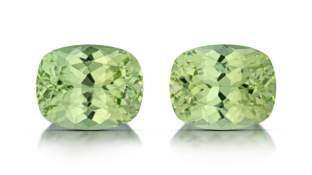 A matched pair of 5.54-carat, cushion-cut mint peridot from Pakistan from Kimberly Collins Colored Gems mint peridot Pakistan