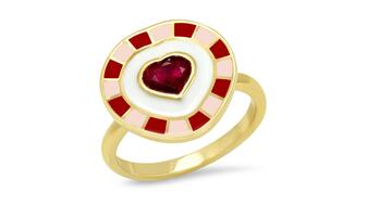 An 18-karat yellow gold and enamel ruby heart ring by Sig Ward (price upon request). Shoppers are expected to spend $6.4 billion on jewelry this Valentine’s Day, according to the annual survey by the National Retail Federation and Prosper Insights and Analytics. Sig Ward heart ring