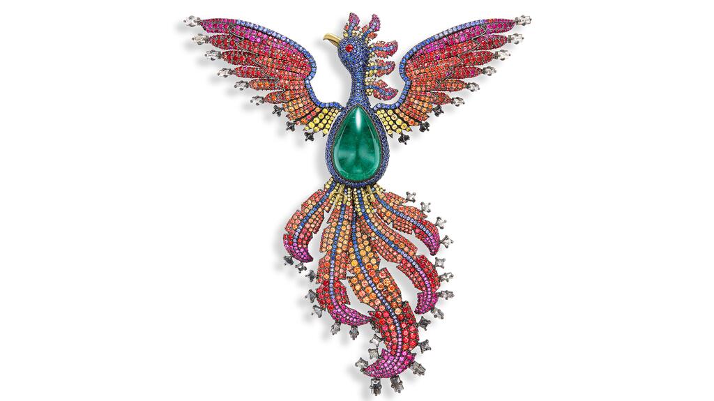 Alexia Connellan’s “Phoenix” brooch featuring a 28.64-carat Colombian emerald. Alexia Connellan Phoenix brooch