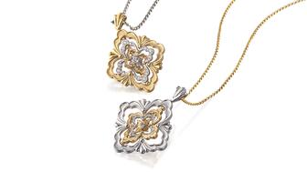 A pair of new “Opera Galileo” pendants by Richemont-owned Buccellati. The company’s jewelry brands saw sales increase double digits in the first half of the fiscal year. Buccellati Opera Galileo pendants