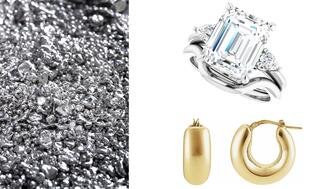 The new Inoveo Platinum (grain pictured at left) and insights into engagement ring and fashion jewelry trends were among the highlights at the Stuller booth at JCK Las Vegas 2024. Platinum grain, an on-trend diamond engagement ring, and on-trend gold hoop earrings