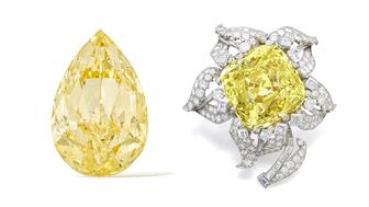 Christie’s is set to auction “The Yellow Rose,” a 202-carat loose diamond (left), while Sotheby’s will feature the 101-carat “Allnatt” in its upcoming sale. The Yellow Rose and the Allnatt yellow diamonds