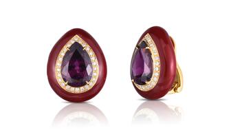 In her latest Style File, Amanda Gizzi features 15 pieces incorporating January’s versatile birthstone, the garnet. These jewel-toned garnet, diamond and enamel earrings are from Cicada ($17,250). Cicada earrings