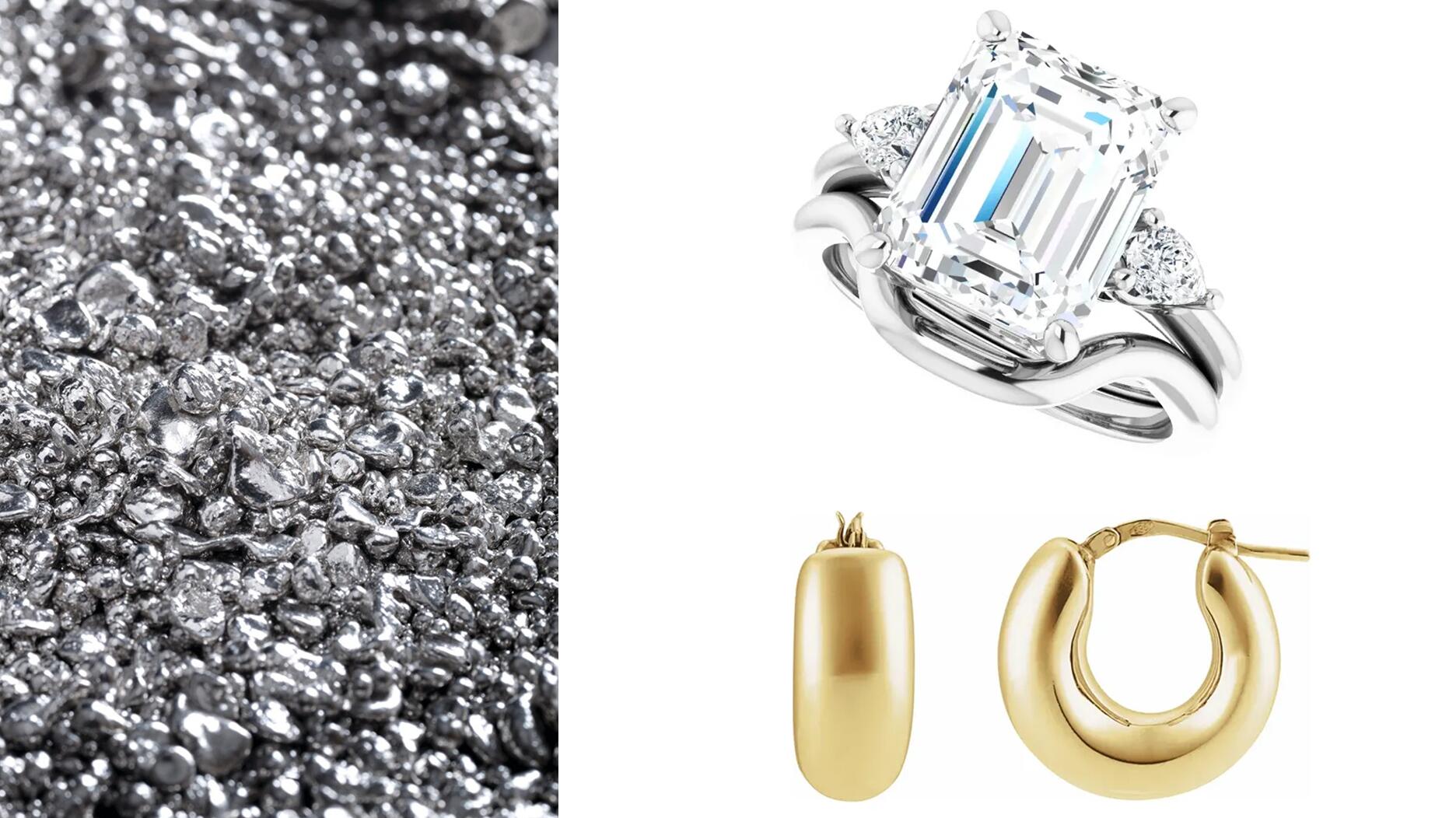 The new Inoveo Platinum (grain pictured at left) and insights into engagement ring and fashion jewelry trends were among the highlights at the Stuller booth at JCK Las Vegas 2024. Platinum grain, an on-trend diamond engagement ring, and on-trend gold hoop earrings