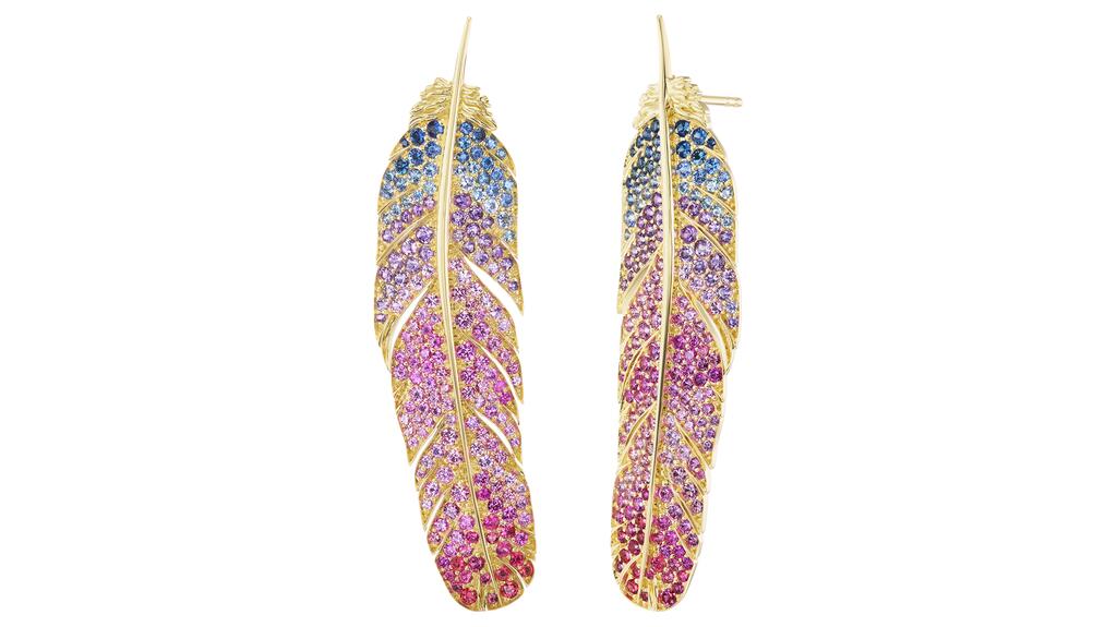 These “Feather” earrings by designer Emily P. Wheeler are set with multi-colored sapphires and amethyst ($14,000). Emily P. Wheeler is exhibiting at Couture, booth #506. Emily P. Wheeler Feather earrings