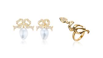 Online luxury marketplace 1stDibs detailed the popular jewelry trends it saw in 2023, and they included bows and snakes. Pictured are Akaila Reid’s 18-karat yellow gold bow drop earrings (left) with South Sea pearls and pavé diamonds totaling 0.98 carats and Delphine Leymarie’s 18-karat yellow gold snake ring with diamonds totaling 0.18 carats. Pavé Drop Bow earrings and Facette Snake diamond ring