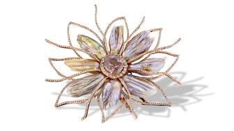 Yvel 18-karat rose gold brooch set with cognac diamonds, rose tourmaline, and Kasumiga pearls (price available upon request) Yvel flower brooch