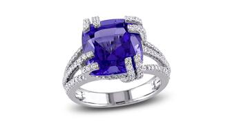 A 14-karat white gold cushion-cut tanzanite ring ($15,000) from Signet Jewelers-owned banner Jared. Signet struggled in the fourth quarter and the full year as the bridal market continues its recovery. Tanzanite white gold ring Jared