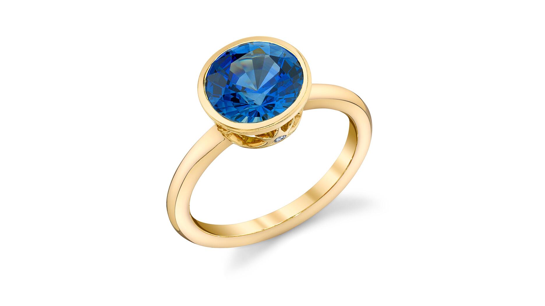 An 18-karat gold engagement ring with a blue sapphire and diamonds from Future Fortune Jewelry. On Pinterest, searches for the term “blue wedding rings” have risen in popularity over the past year, part of a larger trend of couples looking to incorporate more color into their nuptials. Future Fortune sapphire ring