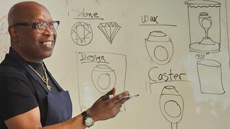 Frank Fraley, the instructor for BIJC’s new high school education program and a jewelry designer, assisted with developing the program’s curriculum, which focuses on teaching students about design, gem setting, jewelry repair, and more. Fraley is an adjunct associate professor of jewelry design at the Fashion Institute of Technology. Professor Frank Fraley teaching