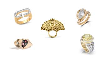 The Design Atelier is a section of the Couture show dedicated to up-and-coming designers with distinct aesthetics and unique points-of-view. Pictured here, starting clockwise from bottom left, are rings from Mined + Found, Helena Rose, Vanessa Fernandez Studio, Alice Herald and Sanaz Doost (center). Five rings from the Design Atelier