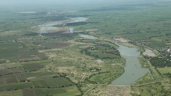 An aerial view of the Dholakia Foundation’s “Mission 100 Sarovar” project, which has brought water to areas of Gujarat that have been experiencing droughts in recent years. 20230315_Dholakia Foundation water project.jpg