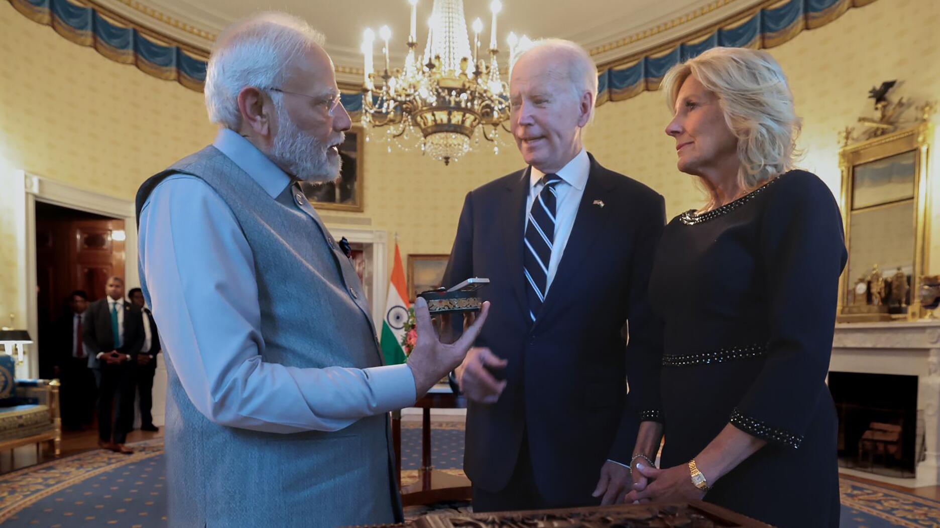 Indian Prime Minister Narendra Modi presented First Lady Jill Biden with a lab-grown diamond during his White House visit with President Joe Biden last month. (Image courtesy of India’s Ministry of Information and Broadcasting) Indian Prime Minister Narendra Modi with U.S. President Joe Biden and First Lady Jill Biden