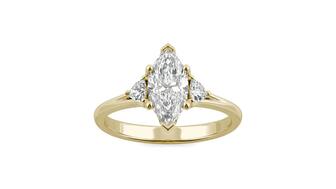 A 1.18-carat marquise “Forever One” moissanite three-stone ring in 14-karat yellow gold by Charles & Colvard. The company has teamed up with the International Gemological Institute to provide grading reports for its moissanite. Charles & Colvard moissanite ring