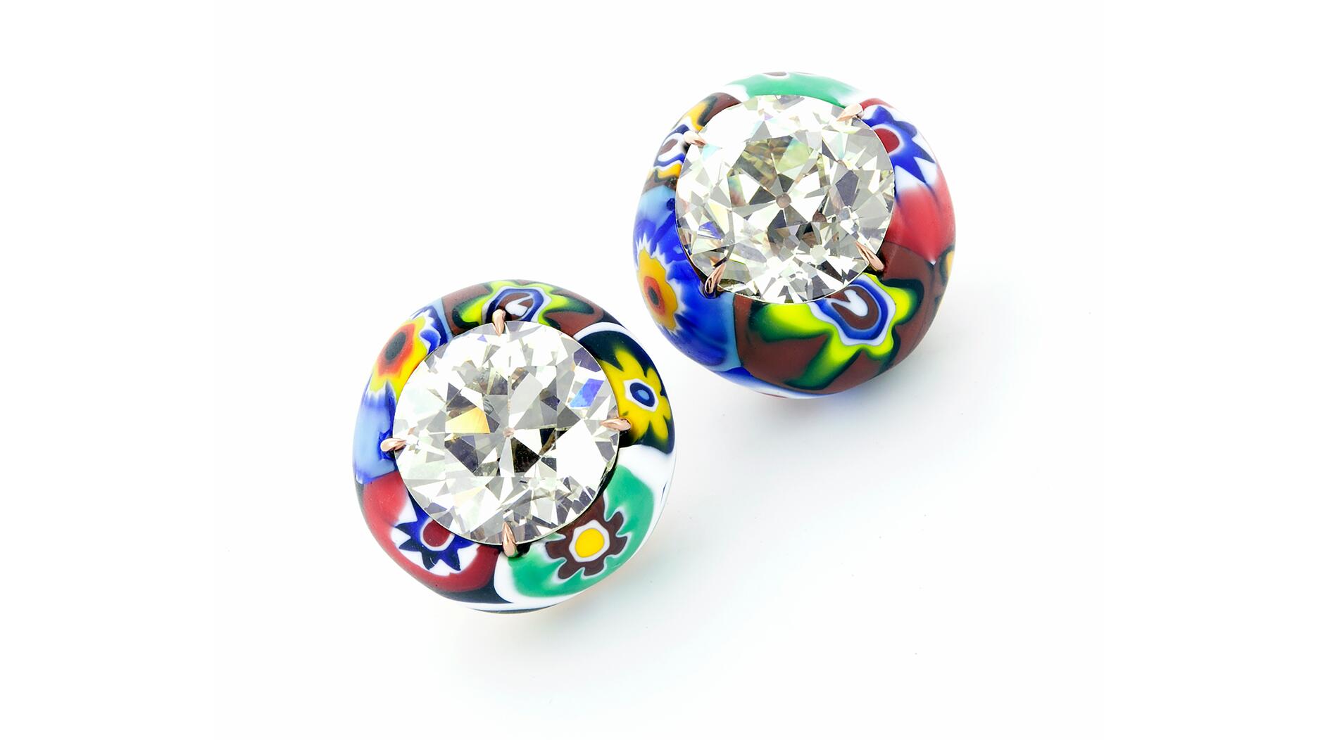 A pair of Venetian glass bead and 18-karat rose gold ear clips from Taffin featuring Old European-cut diamonds. Taffin Creative Director James de Givenchy has been incorporating color and unusual materials into his creations for decades and he serves as a role model for many jewelry designers working today. Tiffany Venetian glass bead ear clips