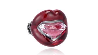 This Lydia Courteille ring featuring red corundum carved lips, crystal, and brown diamonds (price upon request) is one of 20 "crazy cool” pieces Amanda Gizzi features in her Valentine’s Day Style File. Lydia Courteille Lips ring