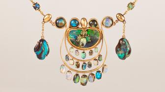 A gold and opal necklace, circa 1900, by Louis Comfort Tiffany is one of more than 200 jewels featured in the Driehaus Museum’s new jewelry exhibition. (Photo by Michael Tropea) Louis Comfort Tiffany 1900 gold and opal necklace