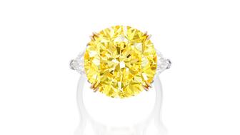 Featuring a brilliant cut, a rare style for a fancy colored diamond, this 15.51-carat fancy vivid yellow diamond sold for over $1 million, near the top of its pre-sale estimated range of $950,000 to $1.3 million. Brilliant cut fancy vivid yellow diamond 16 carats