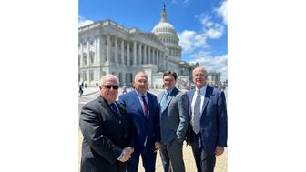 From left to right, industry leaders Ronnie VanderLinden, David Bonaparte, Matthew Swibel, Dave Meleski, and Jon Bridge (not pictured), visited the U.S. Capitol last week to meet with lawmakers to discuss import restrictions on Russian diamonds. Jewelers of America advocacy trip DC 2024
