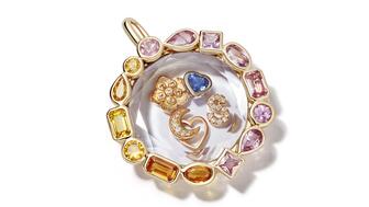 Loquet London 14-karat yellow gold locket with pink, yellow, and orange sapphires and diamonds Loquet London pink and yellow sapphire locket with diamonds in 14-karat yellow gold