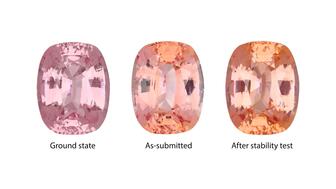 A 3.54-carat padparadscha sapphire submitted to the GIA laboratory underwent a color stability test, during which time its orange color increased. If left in the dark for a while, the color could become less orange or straight pink, GIA said. The lab said this stone would be called a padparadscha sapphire because the pink-orange color seen after the stability test (far right) fits that range. (Photo credit: Diego Sanchez) 20221214_GIA-sapphires.jpg