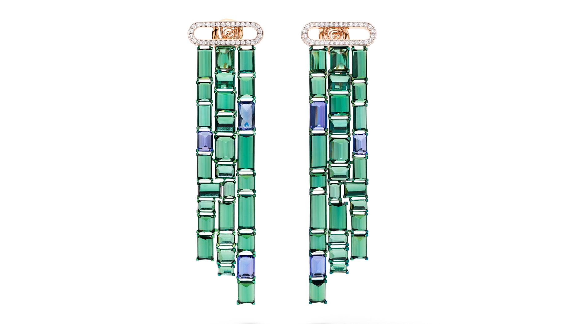 A pair of tourmaline and tanzanite earrings from “Vertical Landscapes,” a 2023 high jewelry collection from Kering-owned brand Pomellato. The luxury conglomerate said its jewelry brands experienced double-digit sales growth in the fourth quarter. Pomellato high jewelry earrings