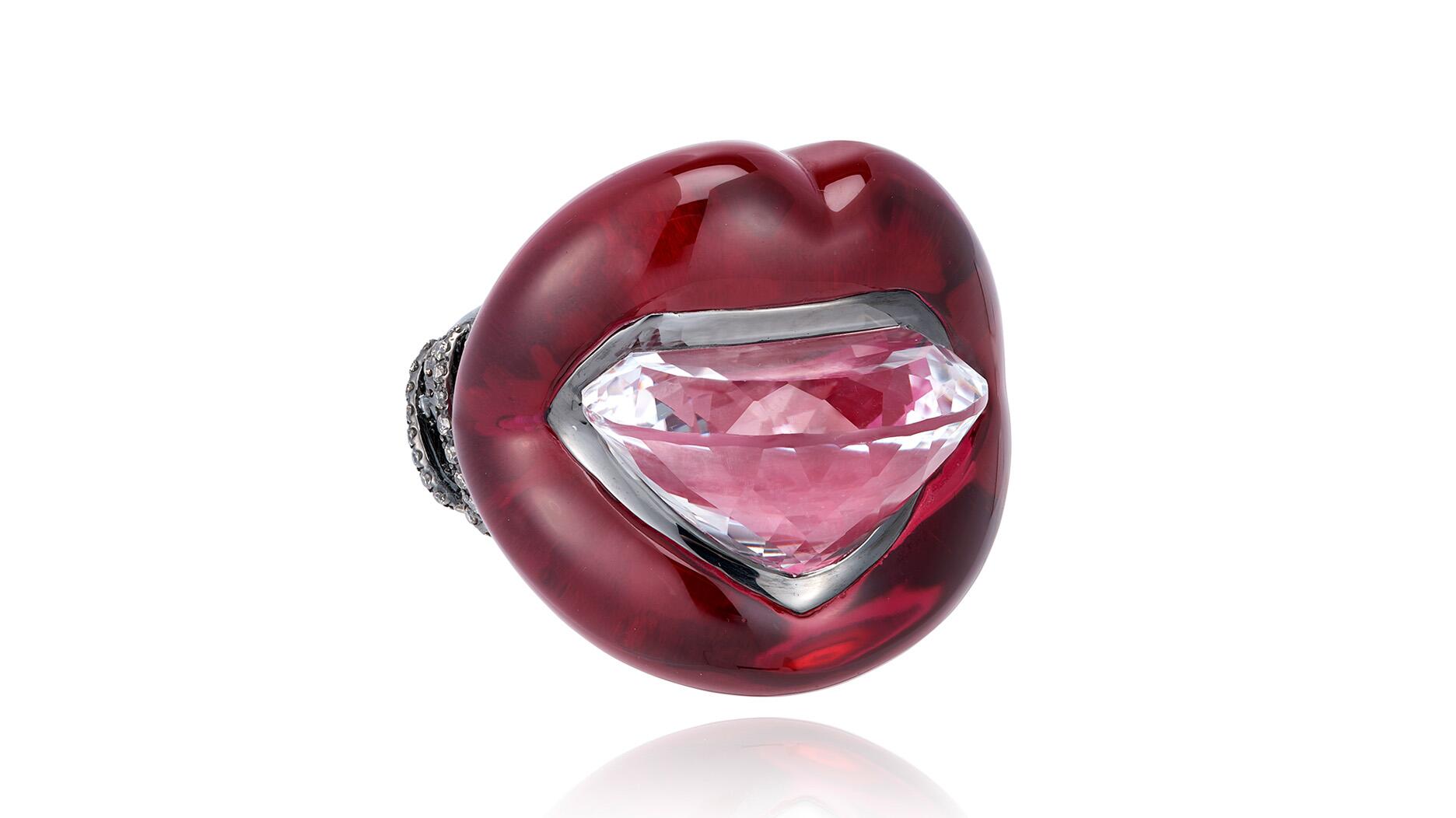 This Lydia Courteille ring featuring red corundum carved lips, crystal, and brown diamonds (price upon request) is one of 20 "crazy cool” pieces Amanda Gizzi features in her Valentine’s Day Style File. Lydia Courteille Lips ring
