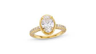 A lab-grown diamond engagement ring by the Vera Wang Love brand at Signet Jewelers-owned banner Zales. Signet posted declining revenue and same-store sales in its first quarter. Vera Wang Love True lab-grown diamond engagement ring