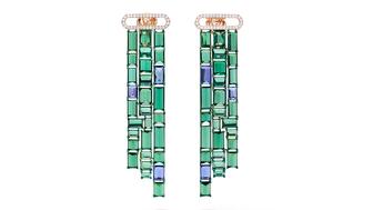 A pair of tourmaline and tanzanite earrings from “Vertical Landscapes,” a 2023 high jewelry collection from Kering-owned brand Pomellato. The luxury conglomerate said its jewelry brands experienced double-digit sales growth in the fourth quarter. Pomellato high jewelry earrings