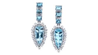 In her latest Style File, Amanda Gizzi rounds up 17 jewels centering March’s romantic birthstone, including these 18-karat white gold aquamarine earrings with diamonds and pearls from Dena Kemp ($29,500). Dana Kemp aquamarine earrings