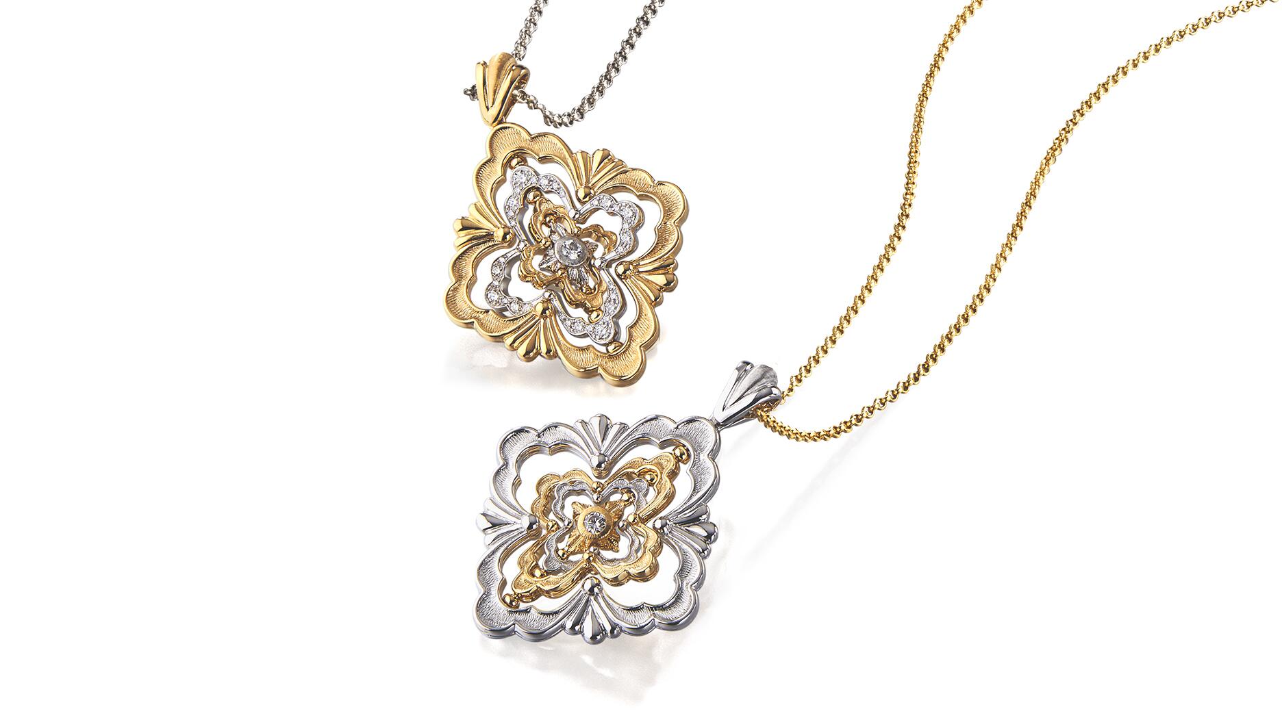 A pair of new “Opera Galileo” pendants by Richemont-owned Buccellati. The company’s jewelry brands saw sales increase double digits in the first half of the fiscal year. Buccellati Opera Galileo pendants