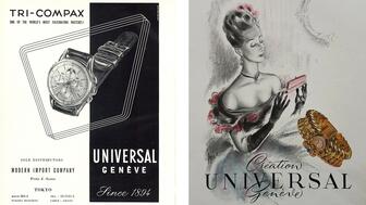 At left, an ad for Universal Genève’s “Tri-Compax” watch that appeared in Europa Star magazine in 1952 and, at right, an ad for a women’s watch from the brand that appeared in a French magazine circa 1940. Breitling has announced plans to buy Universal Genève and revive the brand, which is coveted among collectors. Universal Genève vintage ads