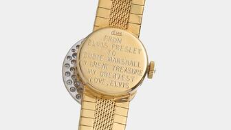 Elvis Presley gifted this engraved vintage Baume & Mercier watch to his “Easy Come, Easy Go” co-star Dodie Marshall in 1967.
The back of the Baume & Mercier watch Elvis gave to Dodie Marshall