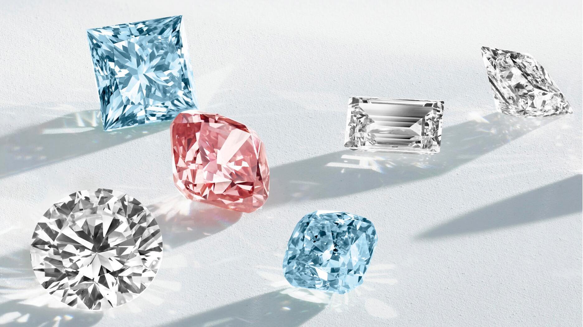 Lightbox, the lab-grown diamond brand De Beers Group launched in 2018 with an $800 per carat pricing structure, is now selling its diamonds for as low as $500 a carat. Pictured is a selection of loose fancy-cut lab-grown Lightbox diamonds. White, pink, and blue lab-grown diamonds from Lightbox