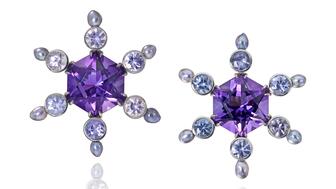 These amethyst, lavender spinel, and pearl earrings from Assael ($24,000) are one of the 16 jewels Amanda Gizzi selected to celebrate February babies. Assael amethyst, pearl and lavender spinel earrings